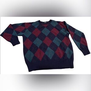 Vintage Jones New York Women’s Argyle Sweater Navy, Forest Green & Burgundy Sz L